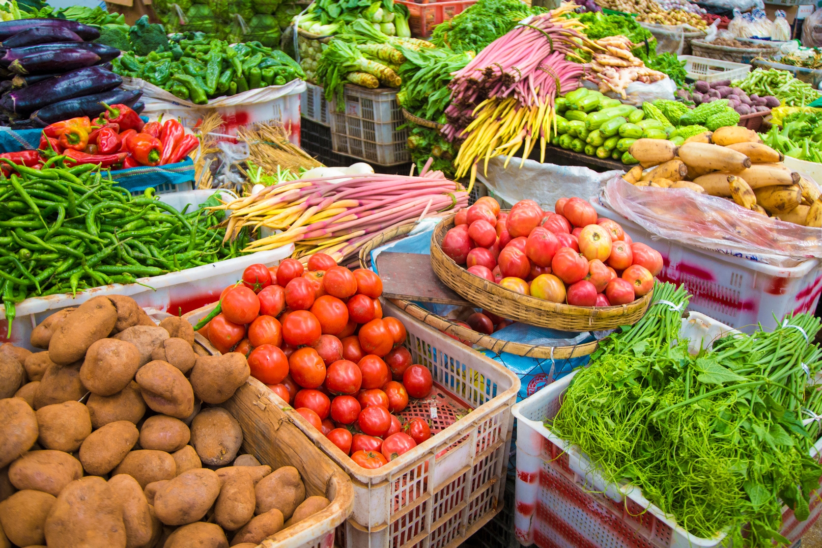 Étal de marché avec tomates, pommes de terre, piments et légumes frais