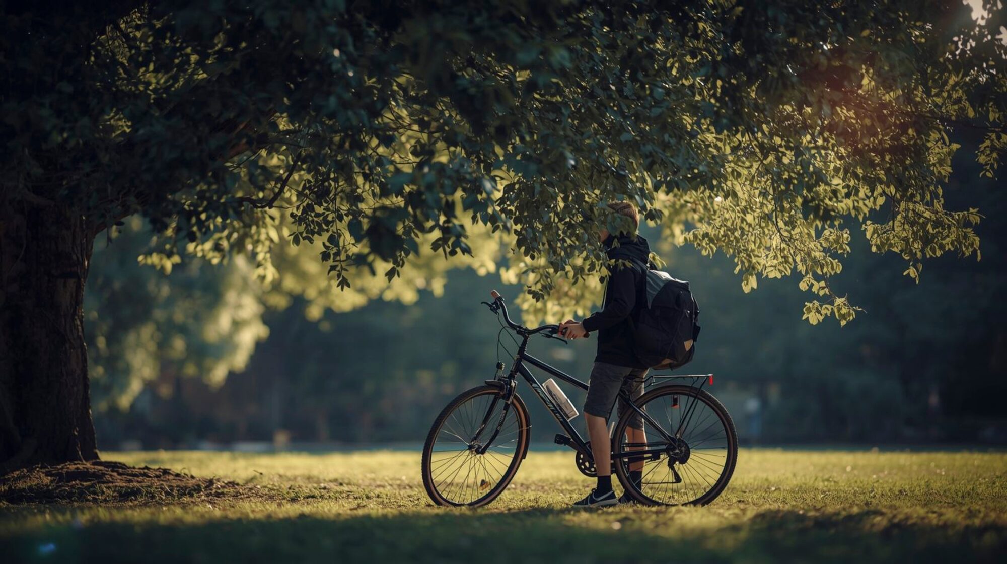 Personne avec vélo sous un arbre, Office de Tourisme Cœur de Garonne
