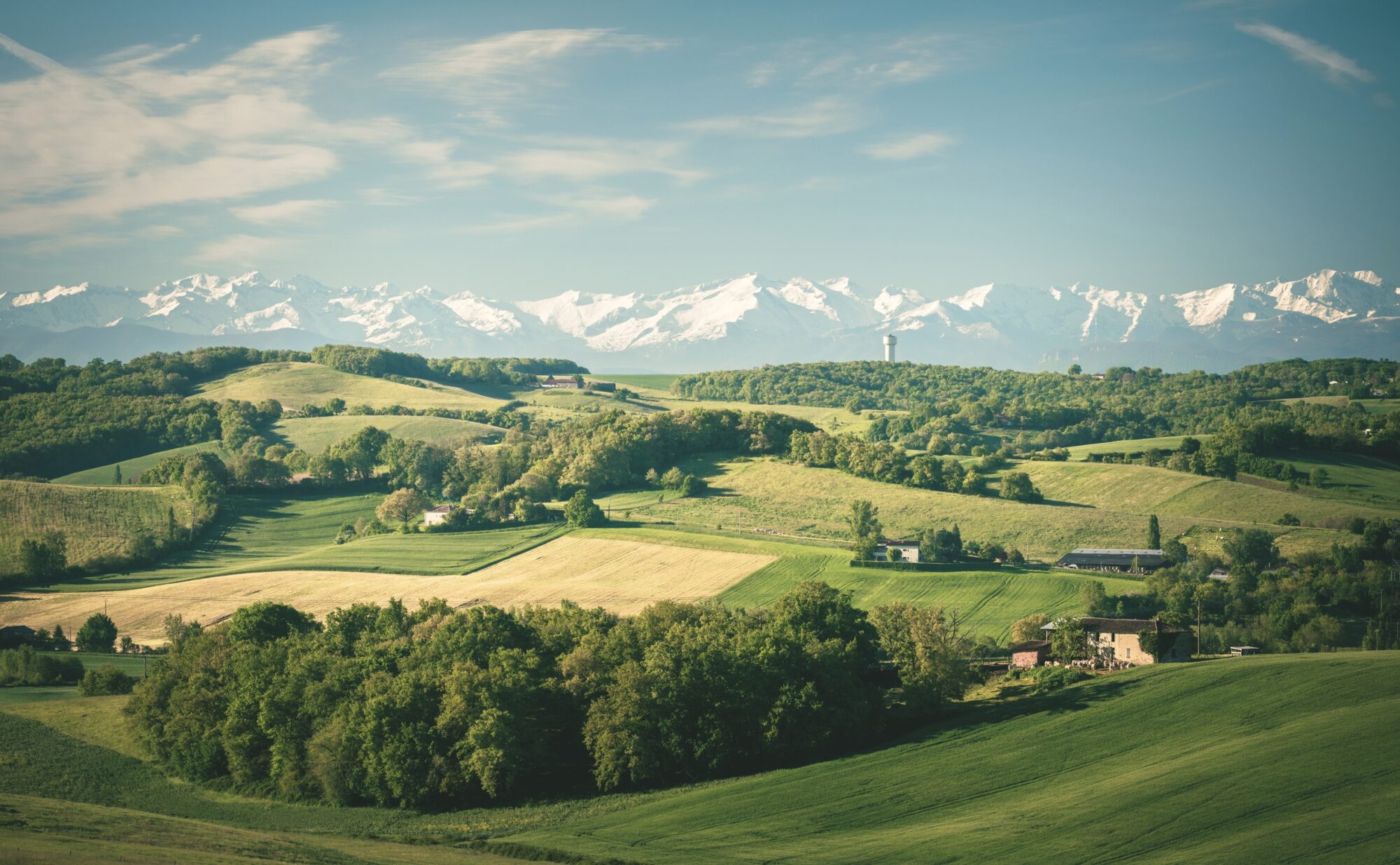 Paysage vallonné du Cœur de Garonne avec les Pyrénées enneigées