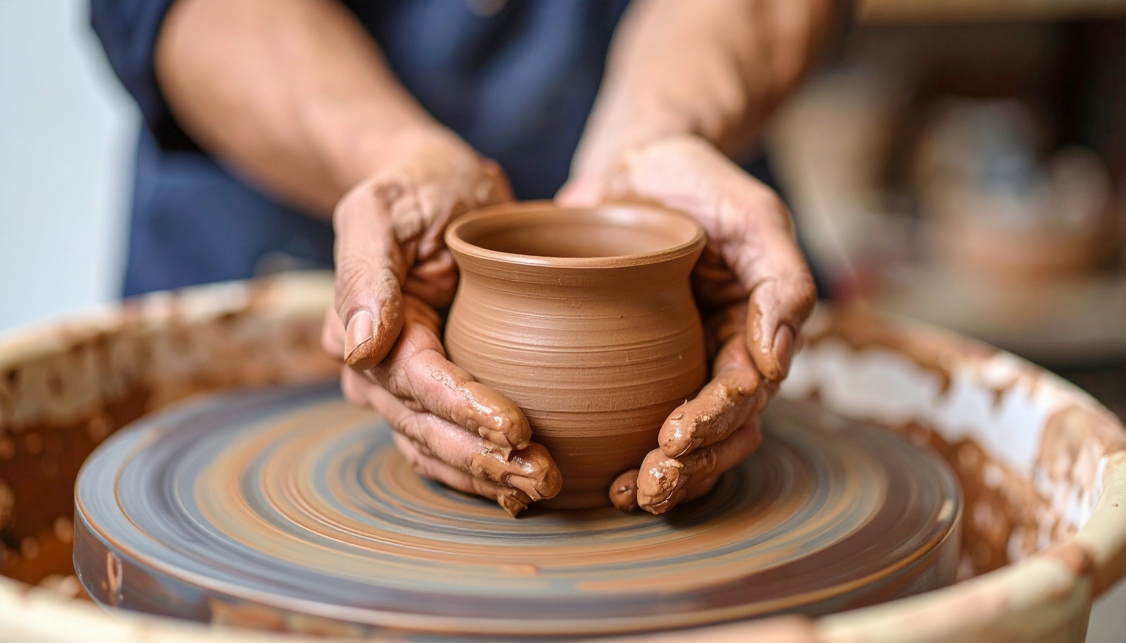 Potier façonnant un vase en argile sur un tour, Office de Tourisme Cœur de