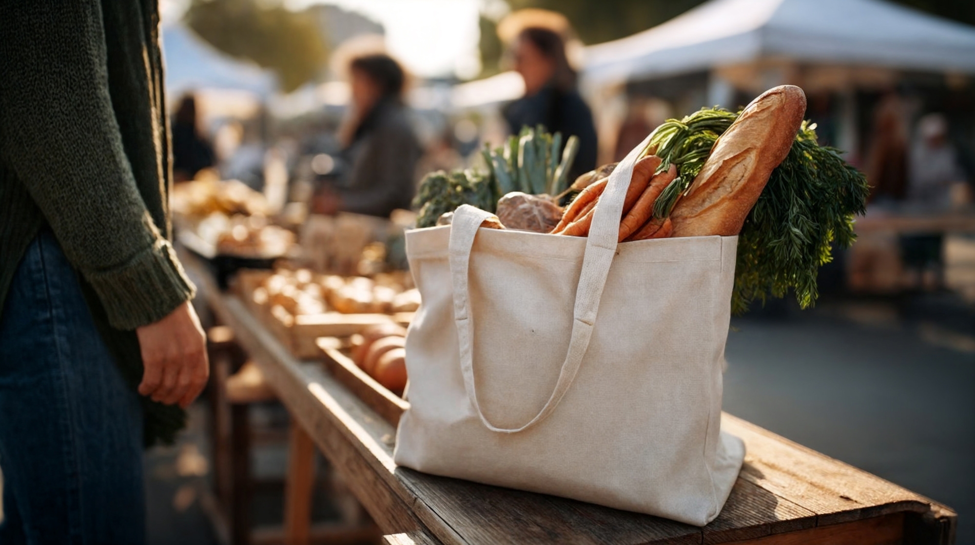 Sac de marché avec baguette, carottes et légumes frais
