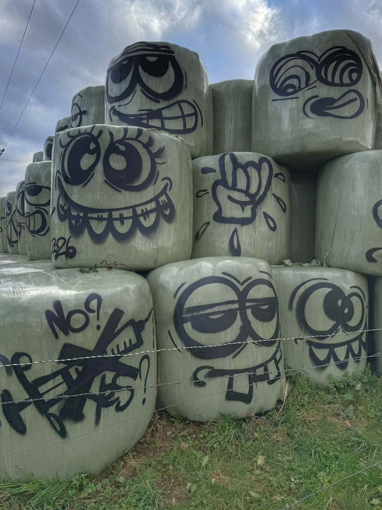 Balles de foin enrubannées graffées de visages, Cœur de Garonne