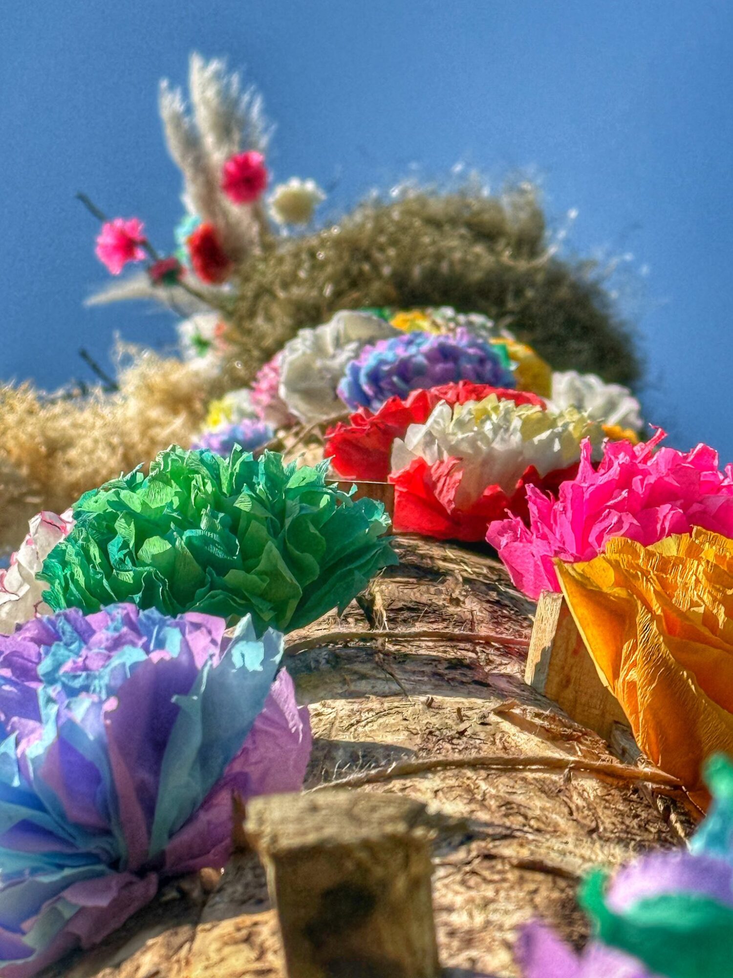 Tronc décoré de fleurs en papier multicolores, Office de Tourisme Cœur de