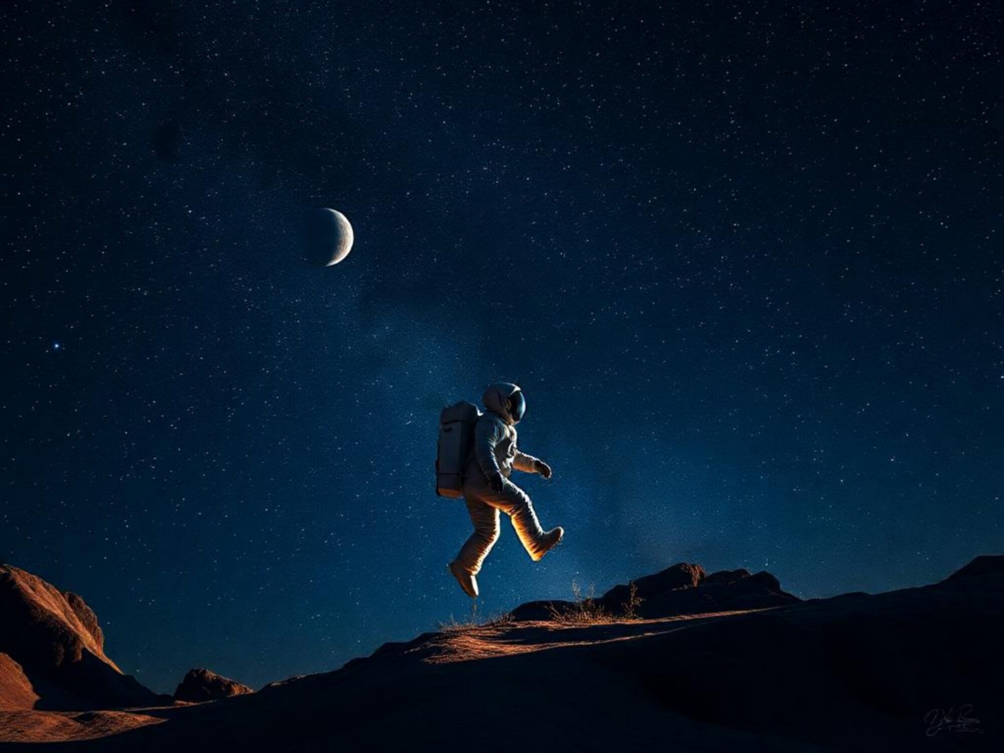 Astronaute en apesanteur sur un sol rocheux sous un ciel étoilé