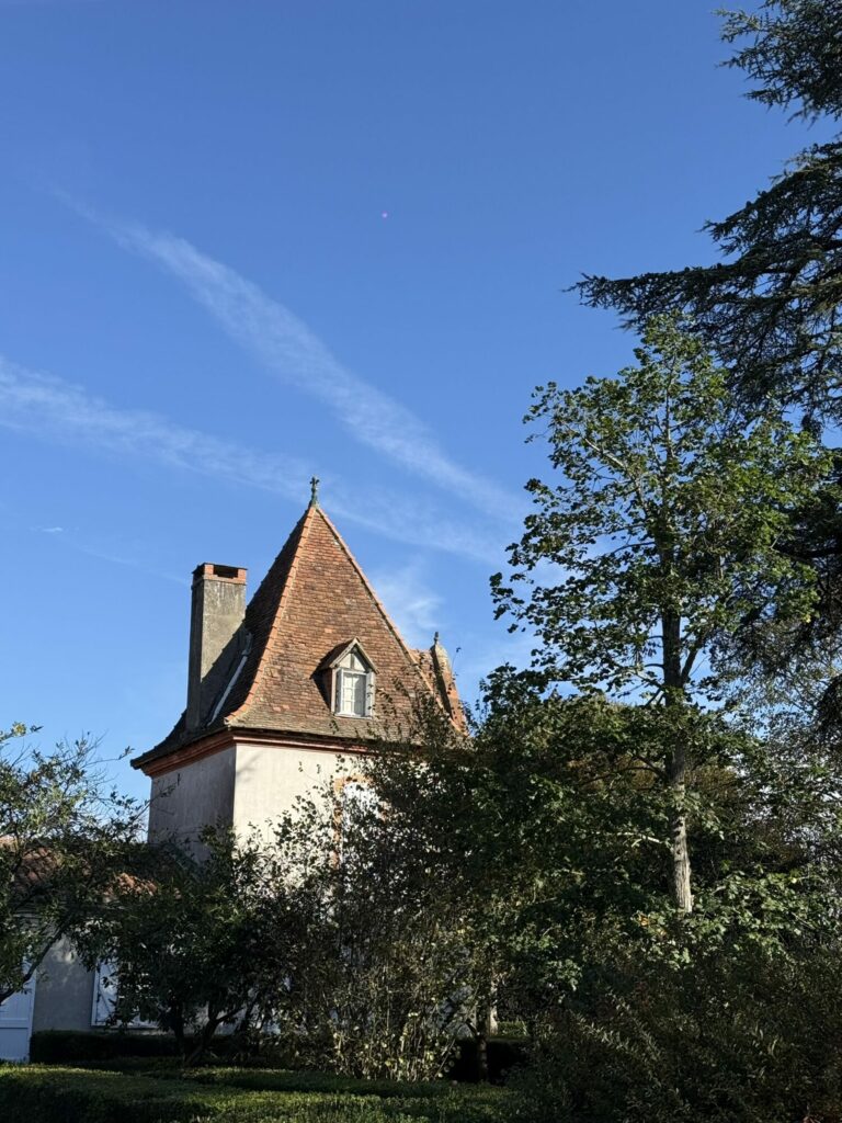 Maison ancienne à toit pentu parmi les arbres, Cœur de Garonne