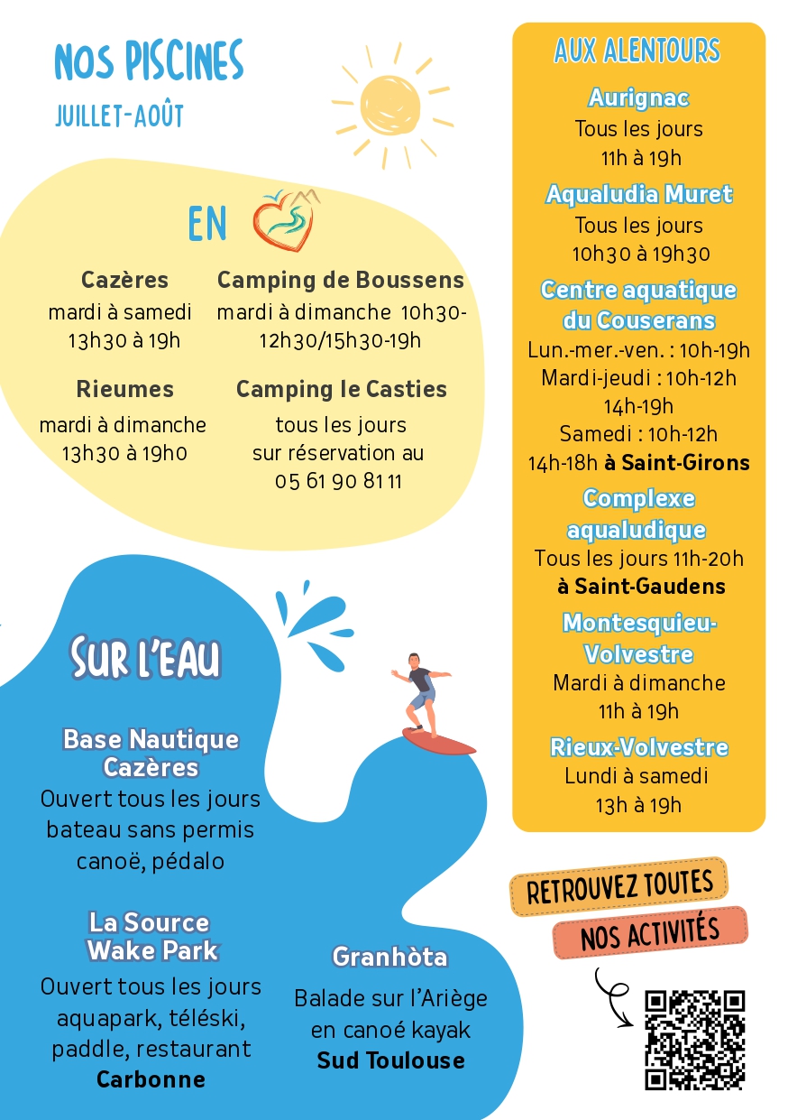 Horaires des piscines en juillet-août, Office de Tourisme Cœur de Garonne