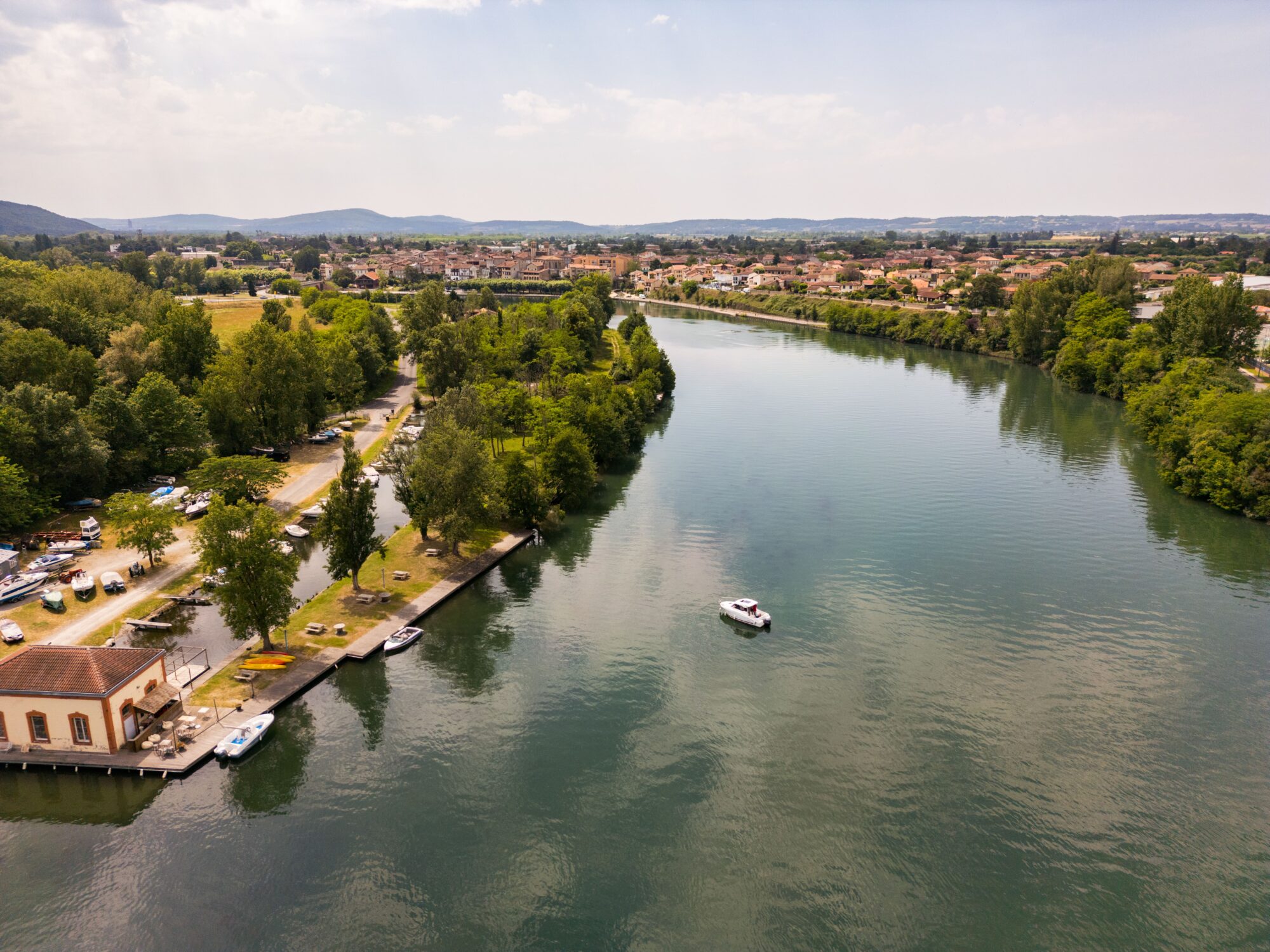 Vue aérienne de la Garonne et port de plaisance, Cœur de Garonne
