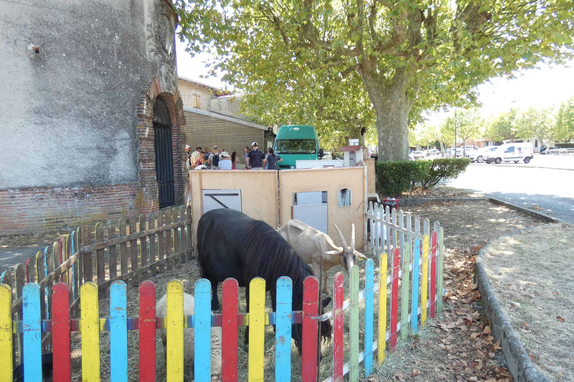 Poney et chèvre dans un enclos lors d'une animation Cœur de Garonne