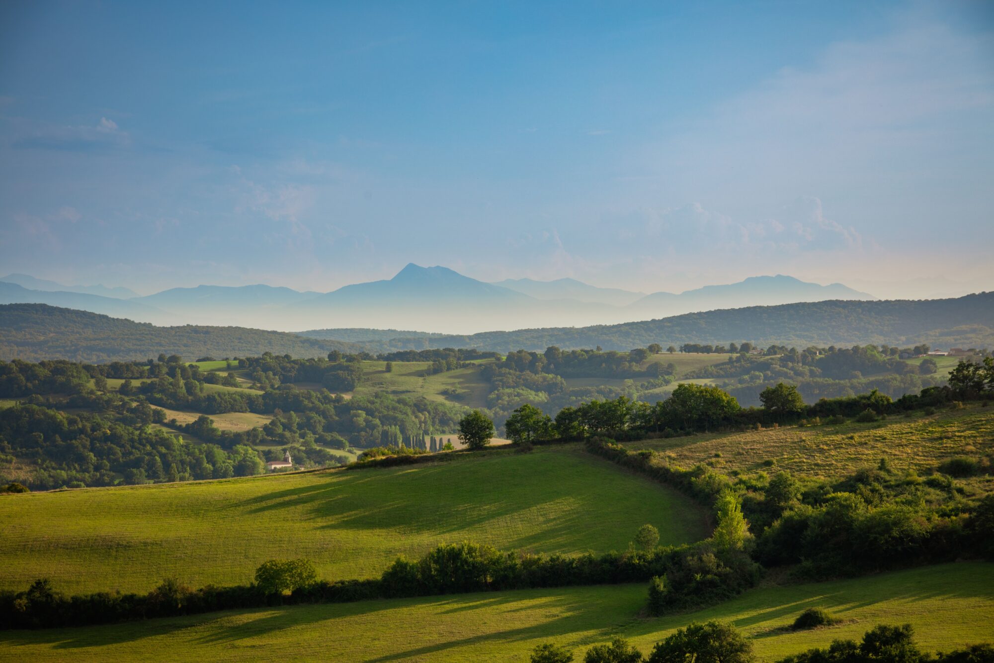 Paysage vallonné du Cœur de Garonne avec champs et montagnes lointaines