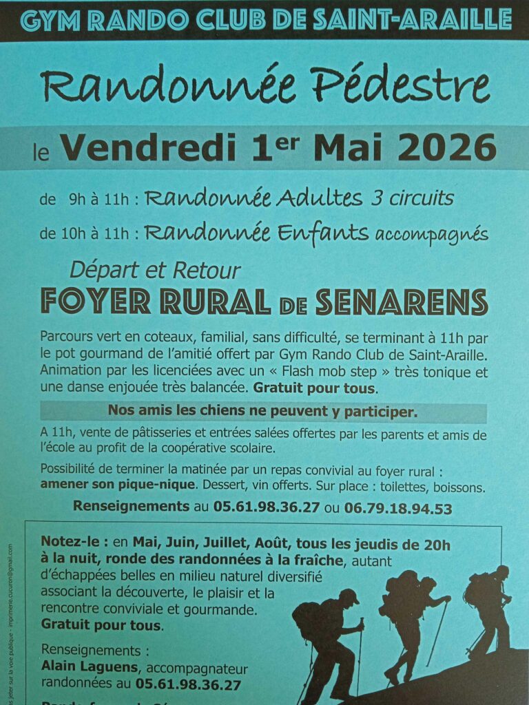 Affiche randonnée pédestre le 1er mai 2026 au foyer rural de Sénarens