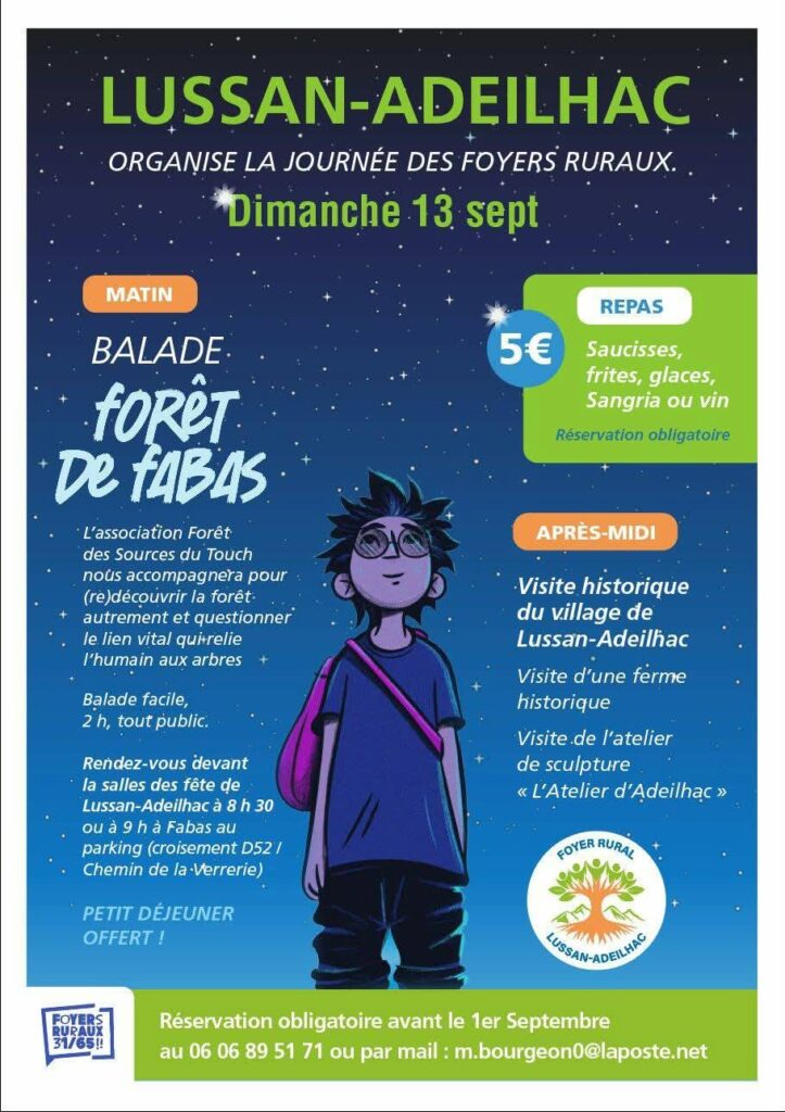 Affiche journée des foyers ruraux à Lussan-Adeilhac, balade et visites