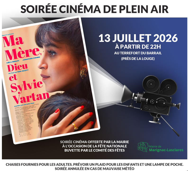Affiche soirée cinéma plein air du 13 juillet 2026 à Marignac-Lasclares