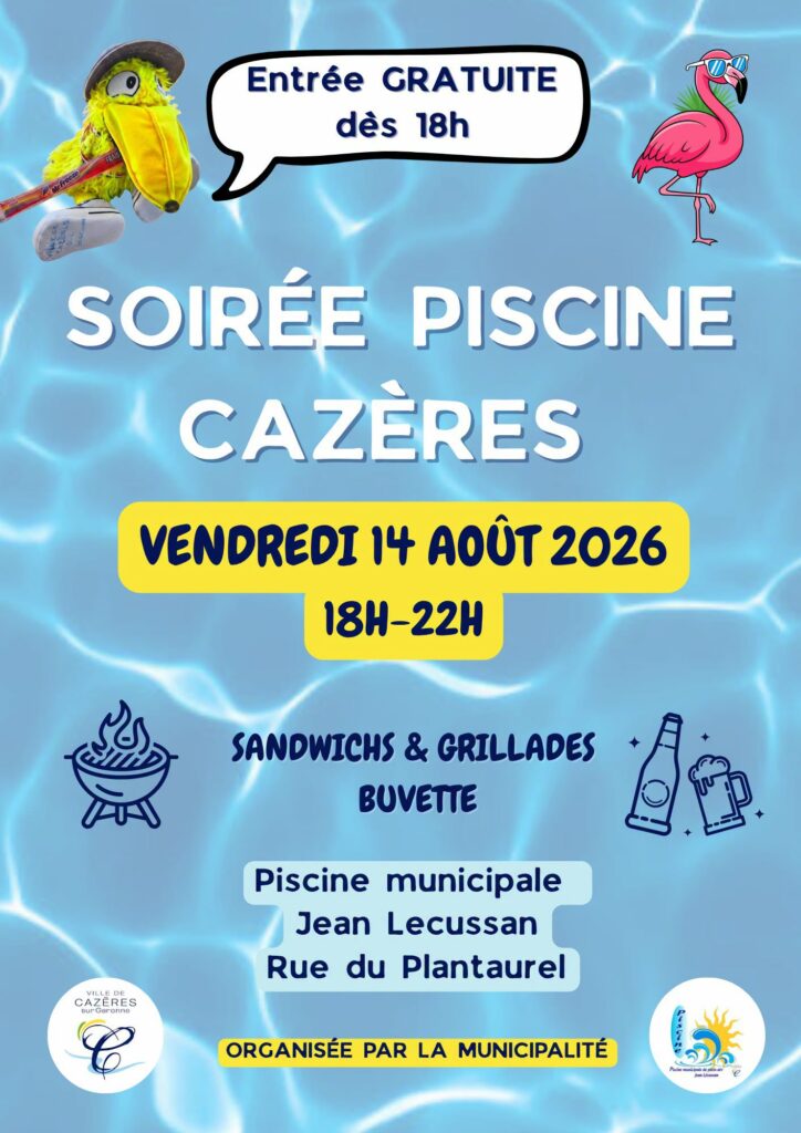 Affiche soirée piscine à Cazères, vendredi 14 août 2026, entrée gratuite