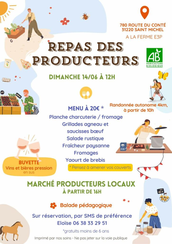 Affiche repas des producteurs à la ferme E3P, Saint-Michel, le 14/06 à 12h