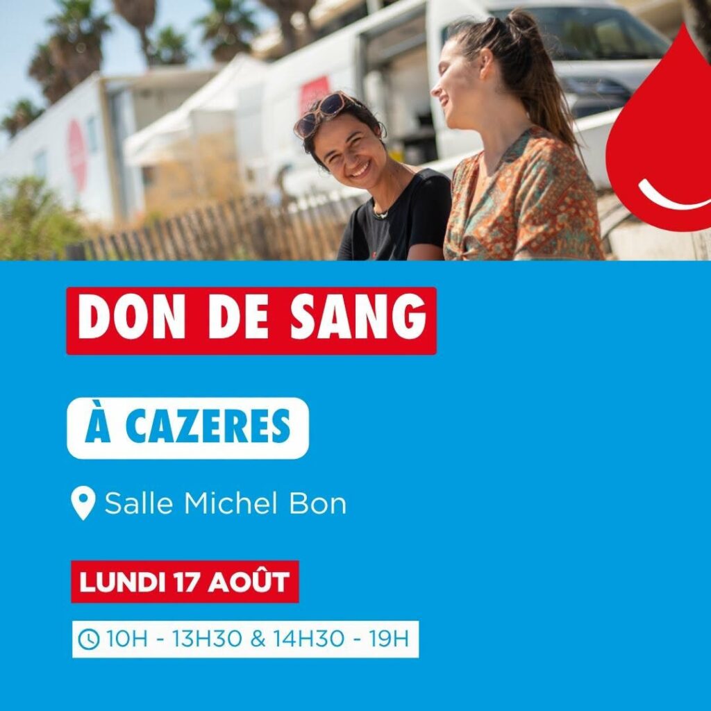Affiche don de sang à Cazères, Salle Michel Bon, lundi 17 août