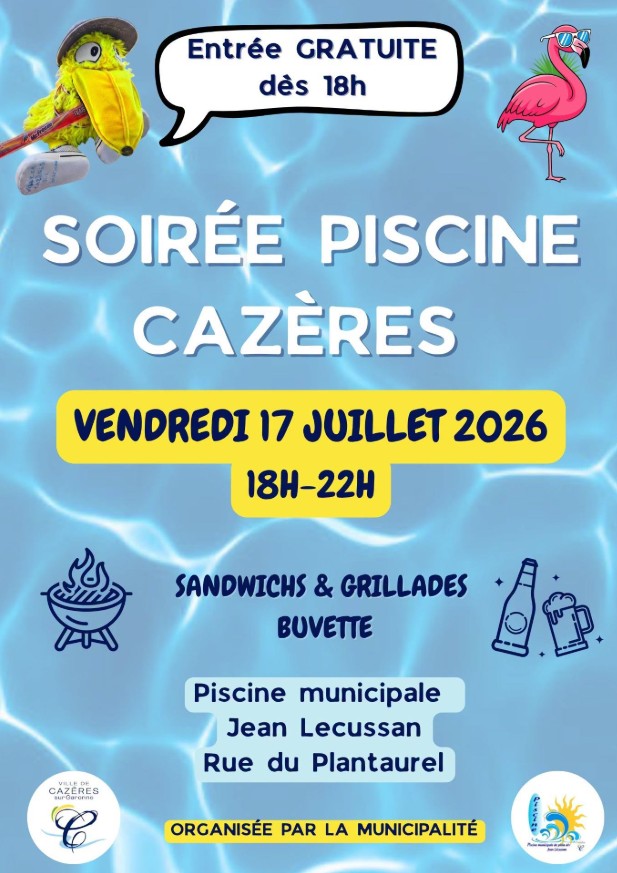 Affiche soirée piscine à Cazères le 17 juillet 2026, entrée gratuite dès 18h