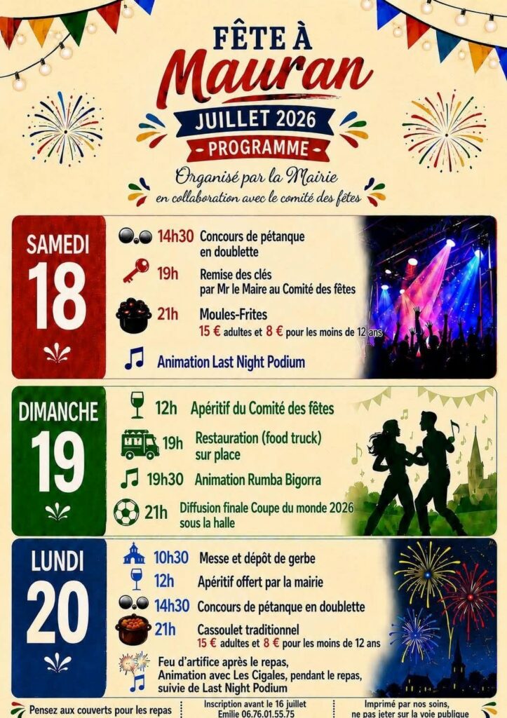 Programme de la fête à Mauran en juillet 2026