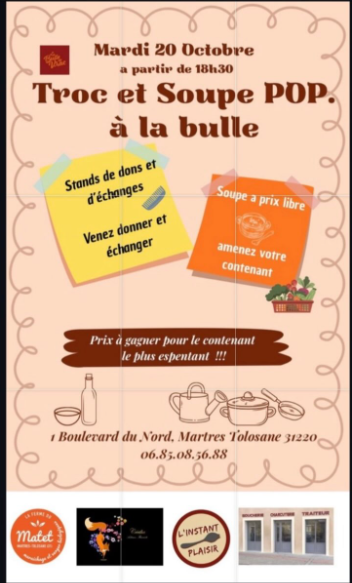 Affiche Troc et Soupe POP à la bulle, Office de Tourisme Cœur de Garonne