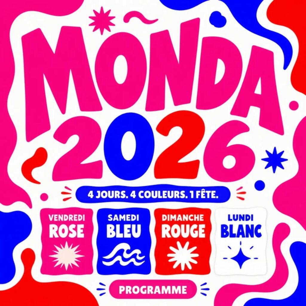 Affiche Monda 2026, 4 jours de fête aux couleurs rose, bleu, rouge et blanc