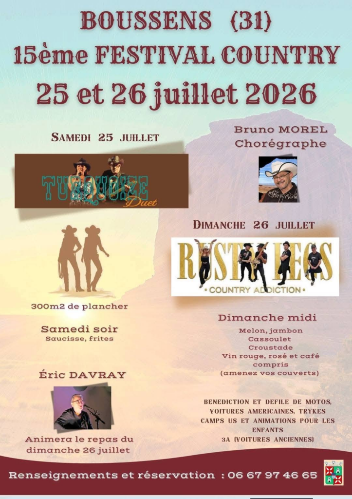 Affiche du 15e Festival Country de Boussens les 25 et 26 juillet 2026