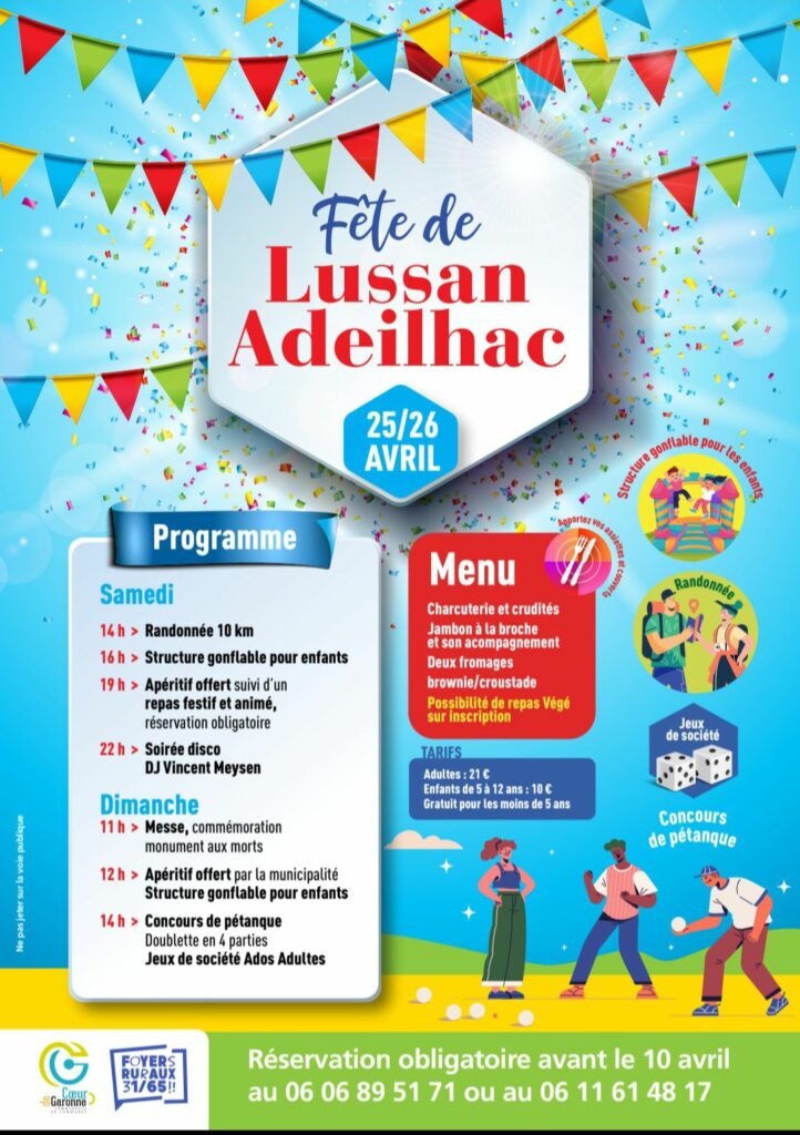 Affiche Fête de Lussan-Adeilhac les 25 et 26 avril, programme et menu