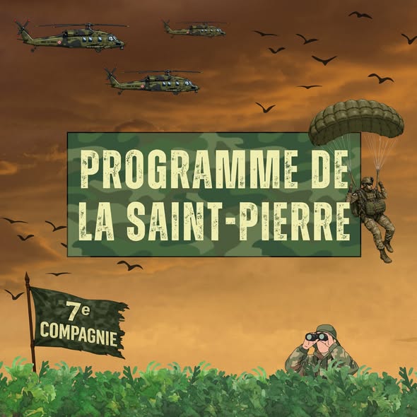 Affiche Programme de la Saint-Pierre avec soldats, hélicoptères et parachute