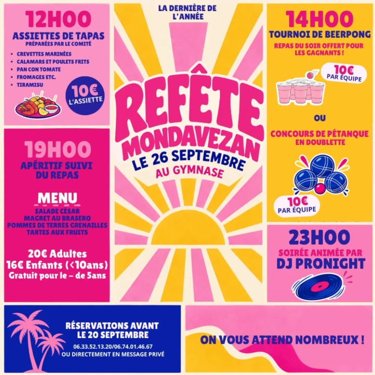 Affiche fête de Mondavezan du 26 septembre au gymnase, programme et tarifs