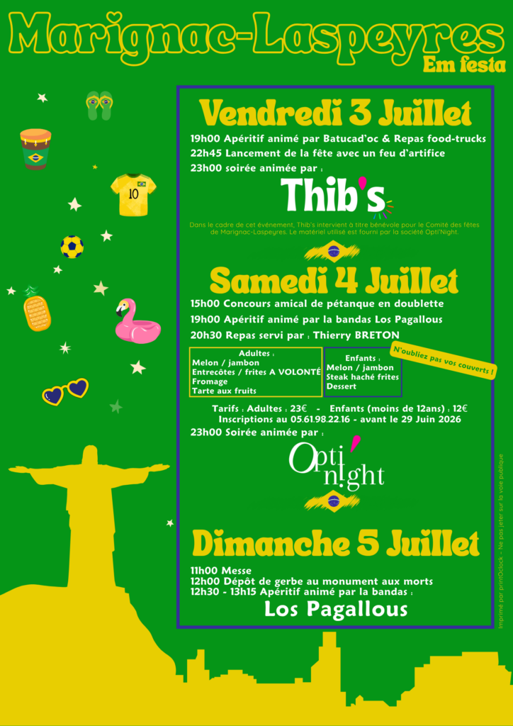 Affiche de la fête de Marignac-Laspeyres du 3 au 5 juillet