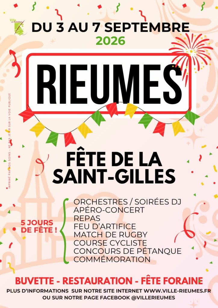 Affiche fête de la Saint-Gilles à Rieumes du 3 au 7 septembre 2026