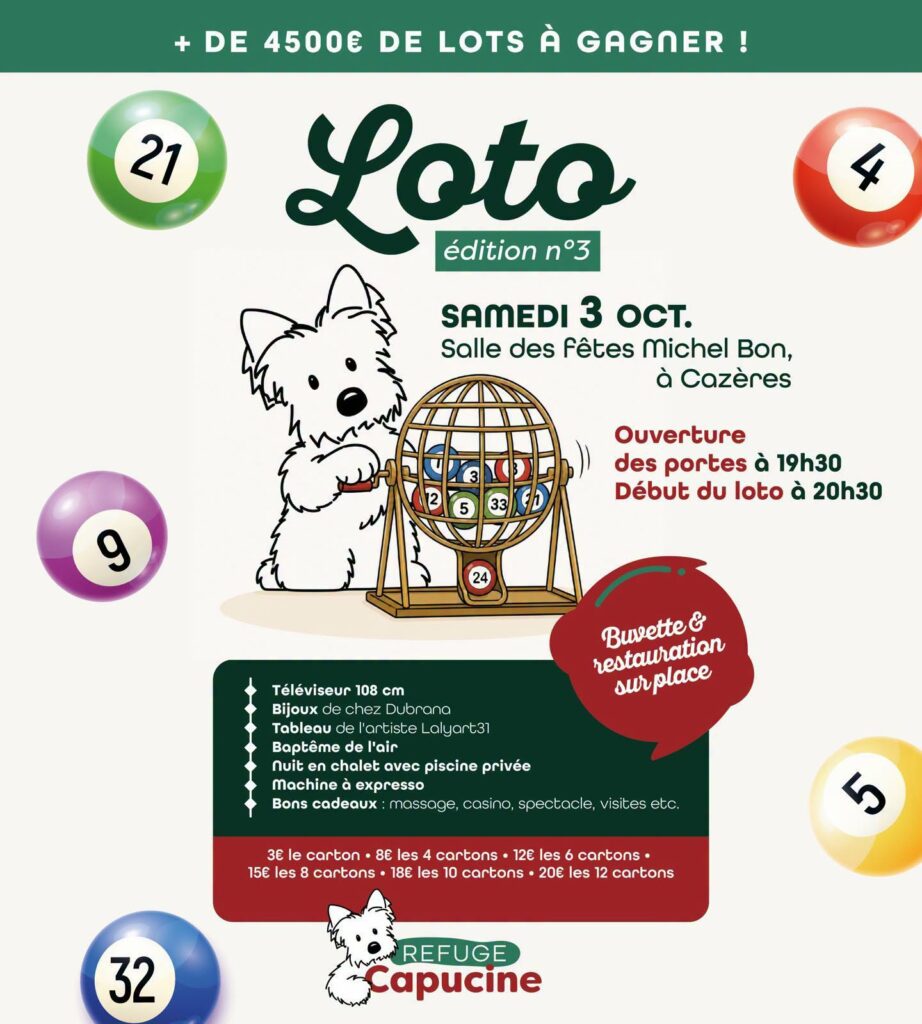 Affiche loto édition 3 du Refuge Capucine à Cazères le 3 octobre