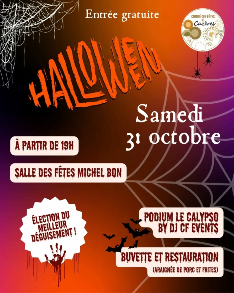 Affiche Halloween à Cazères le 31 octobre, entrée gratuite à partir de 19h