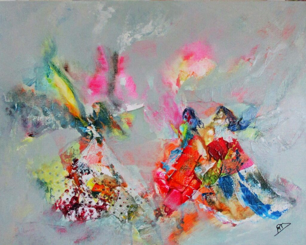 Peinture abstraite aux couleurs vives avec formes florales éclatantes