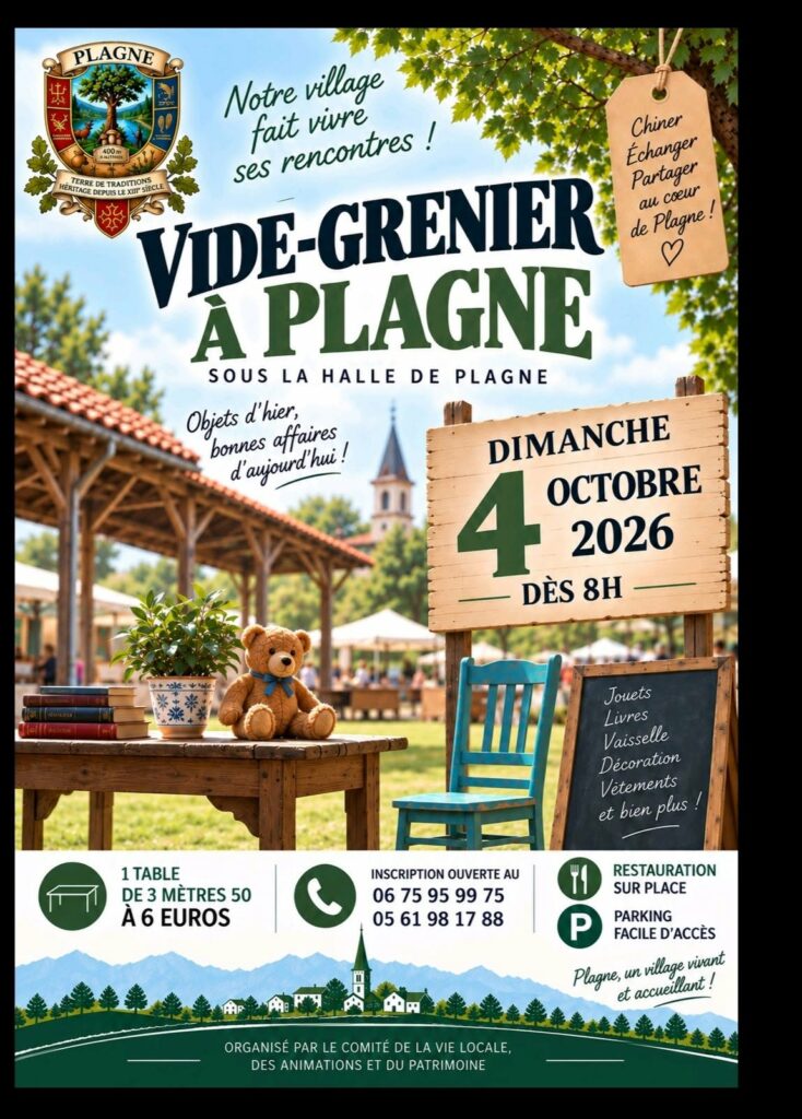 Affiche vide-grenier à Plagne le 4 octobre 2026 dès 8h sous la halle