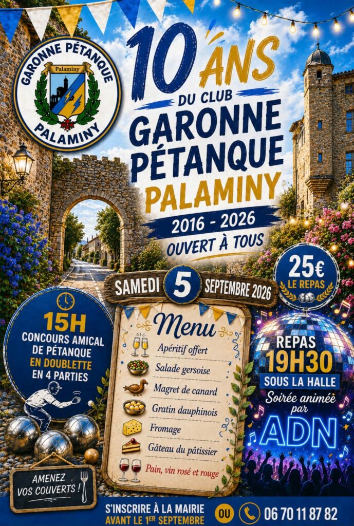 Affiche des 10 ans du club Garonne Pétanque Palaminy, 5 septembre 2026
