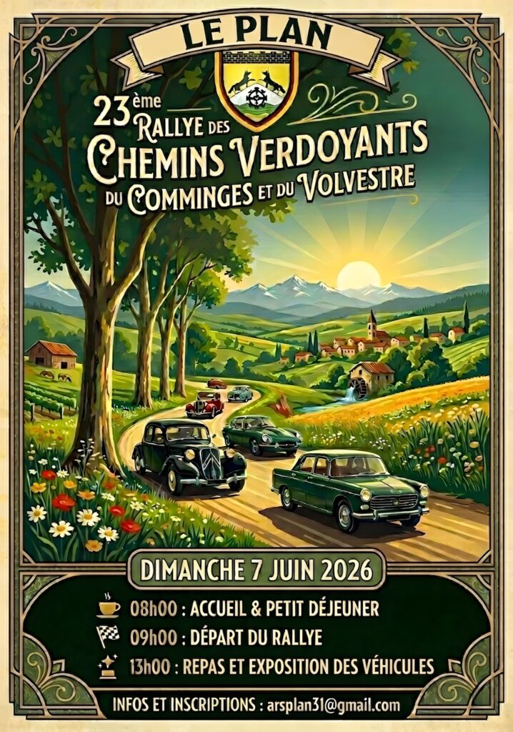 Affiche du 23e rallye des Chemins Verdoyants avec voitures anciennes