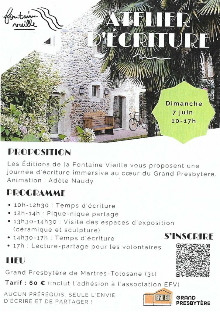 Affiche atelier d’écriture au Grand Presbytère de Martres-Tolosane