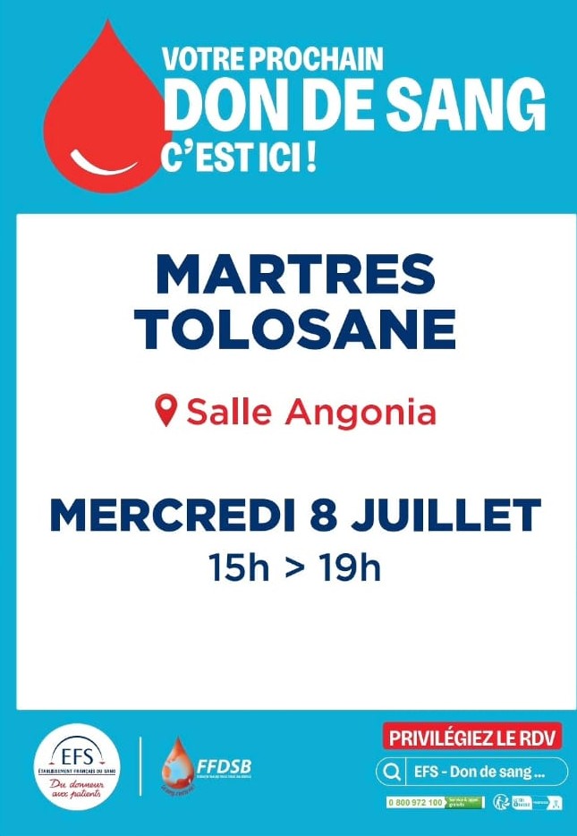 Affiche don de sang à Martres-Tolosane, salle Angonia, mercredi 8 juillet