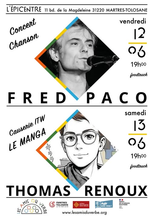Affiche événementielle Fred Paco en concert et Thomas Renoux en causerie manga