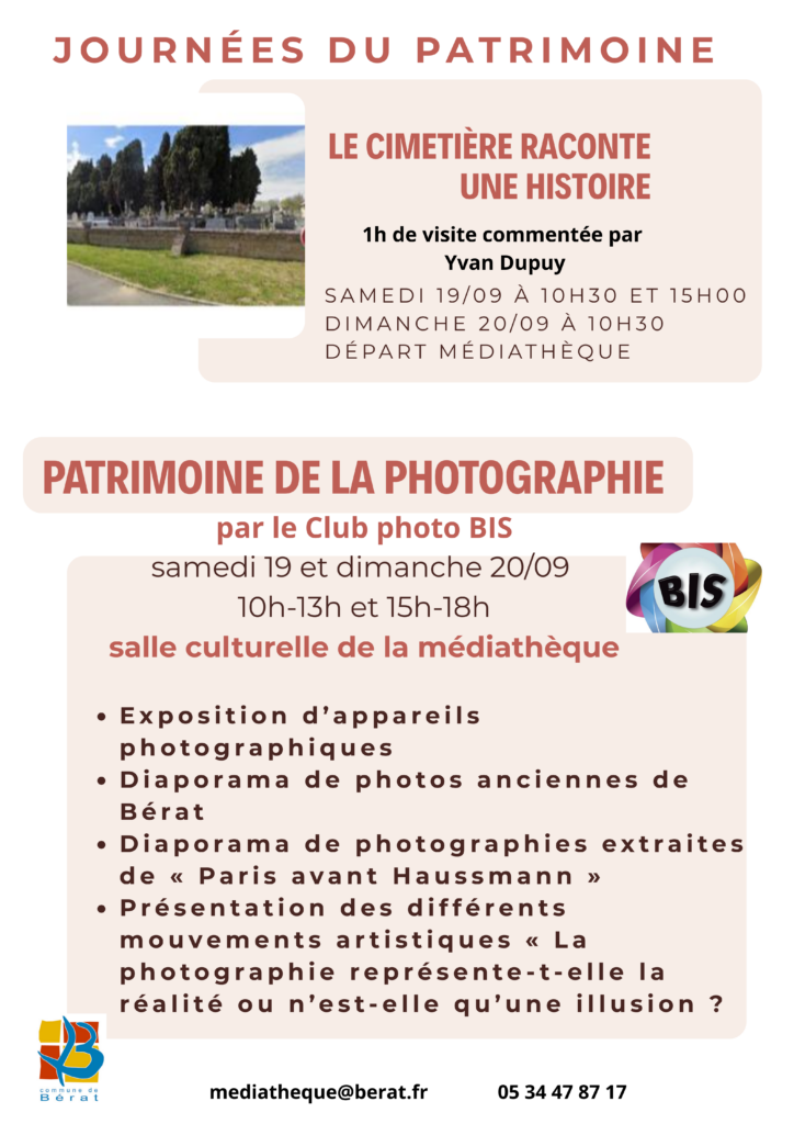 Affiche Journées du patrimoine à Bérat : visite commentée et expo photo