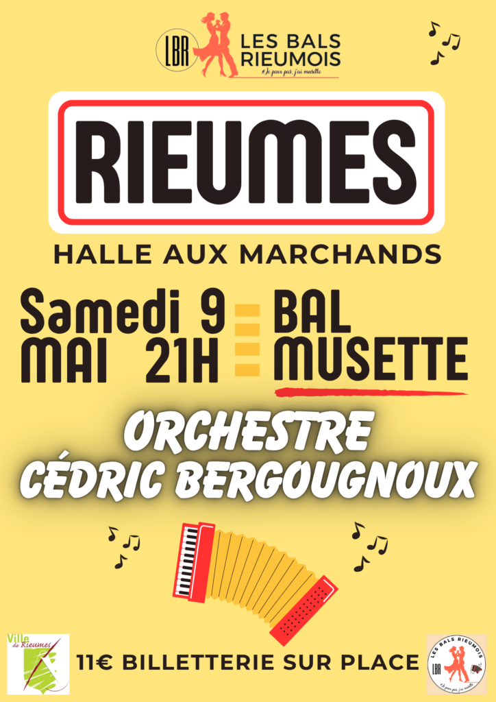 Affiche bal musette à Rieumes le 9 mai avec l’orchestre Cédric Bergougnoux