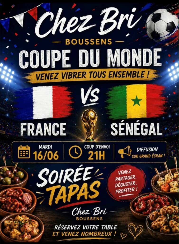 Affiche match France-Sénégal et soirée tapas chez Bri à Boussens