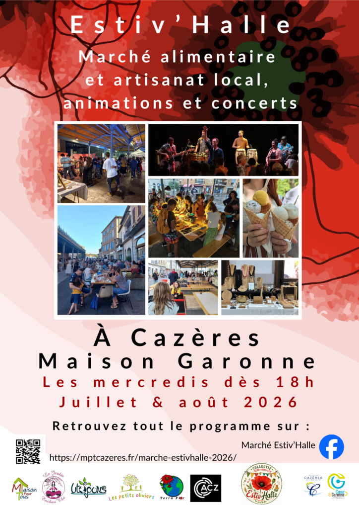 Affiche Estiv’Halle à Cazères, marché alimentaire local et concerts